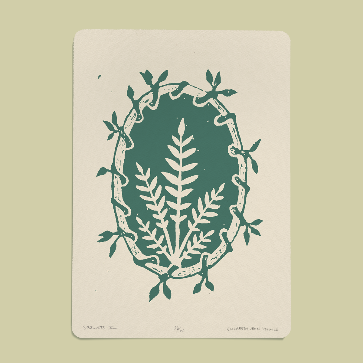 Sprouts Handprinted Linocut on Paper 5x7"