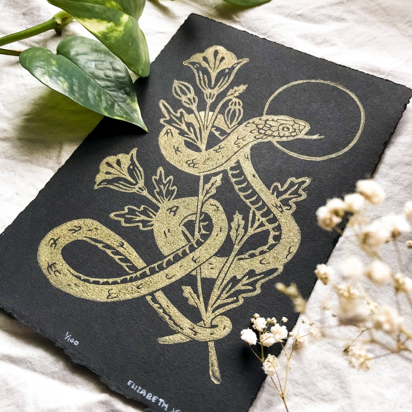 Snake & Poppies Handprinted Linocut on Handmade Paper 5x7": Grey on Handmade
