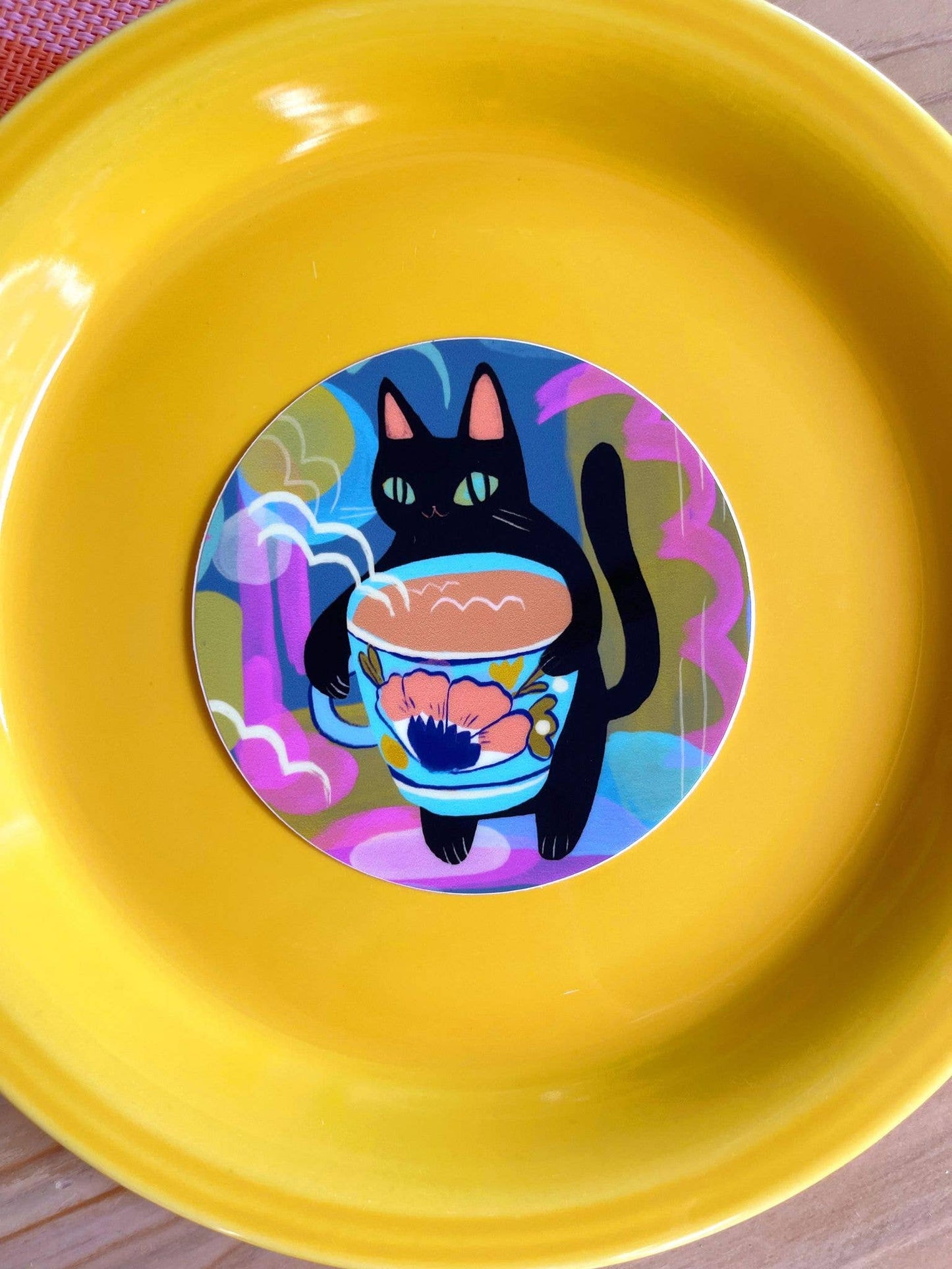 Black cat with giant tea cup waterproof vinyl sticker