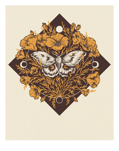 Moth & Poppies, Moon Phases, Giclee Print 11x14"