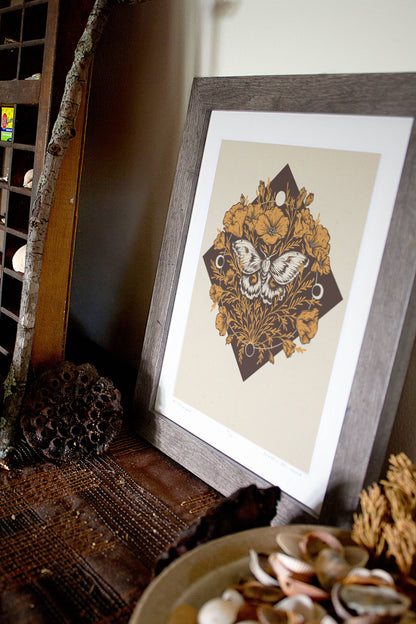 Moth & Poppies, Moon Phases, Giclee Print 11x14"